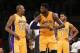 Los Angeles Lakers forward Metta World Peace (37) and center Roy Hibbert (17) in actions during the second half of an NBA basketball game against Orlando Magic Tuesday, March 8, 2016, in Los Angeles. Lakers won 107-98. (AP Photo/Ringo H.W. Chiu)