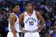 TORONTO, ON - MARCH 28: Kyle Lowry #7 and DeMar DeRozan #10 of the Toronto Raptors talk during the first half of an NBA game against the Oklahoma City Thunder at the Air Canada Centre on March 28, 2016 in Toronto, Ontario, Canada. NOTE TO USER: User expressly acknowledges and agrees that, by downloading and or using this photograph, User is consenting to the terms and conditions of the Getty Images License Agreement. (Photo by Vaughn Ridley/Getty Images)