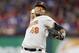 Baltimore Orioles starting pitcher Yovani Gallardo delivers to the Texas Rangers during the first inning of a baseball game, Saturday, April 16, 2016, in Arlington, Texas. (AP Photo/Jim Cowsert)