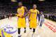 LOS ANGELES, CA - MARCH 30: Julius Randle #30 and D'Angelo Russell #1 of the Los Angeles Lakers celebrate an overtime win against the Miami Heat at STAPLES Center on March 30, 2016 in Los Angeles, California. NOTE TO USER: User expressly acknowledges and agrees that, by downloading and/or using this Photograph, user is consenting to the terms and conditions of the Getty Images License Agreement. Mandatory Copyright Notice: Copyright 2016 NBAE (Photo by Andrew D. Bernstein/NBAE via Getty Images)