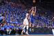 OKLAHOMA CITY, OK - MAY 28: Klay Thompson #11 of the Golden State Warriors shoots against Kevin Durant #35 of the Oklahoma City Thunder in Game Six of the Western Conference Finals during the 2016 NBA Playoffs on May 28, 2016 at Chesapeake Energy Arena in Oklahoma City, Oklahoma. NOTE TO USER: User expressly acknowledges and agrees that, by downloading and or using this photograph, User is consenting to the terms and conditions of the Getty Images License Agreement. Mandatory Copyright Notice: Copyright 2016 NBAE (Photo by Andrew D. Bernstein/NBAE via Getty Images)