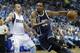 Oklahoma City Thunder forward Kevin Durant (35) drives against Dallas Mavericks guard J.J. Barea during the first half in Game 3 of a first-round NBA basketball playoff series Thursday, April 21, 2016, in Dallas. (AP Photo/LM Otero)
