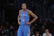 Oklahoma City Thunder's Kevin Durant stands on the court during the first half of an NBA basketball game against the Los Angeles Lakers, Wednesday, Dec. 23, 2015, in Los Angeles. (AP Photo/Jae C. Hong)