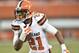 Cleveland Browns kick returner Justin Gilbert runs the ball in the first half of an NFL preseason football game against the Atlanta Falcons, Thursday, Aug. 18, 2016, in Cleveland. (AP Photo/David Richard)
