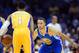 Oct 19, 2016; San Diego, CA, USA; Golden State Warriors guard Stephen Curry (30) defends Los Angeles Lakers guard D'Angelo Russell (1) during the first quarter at Valley View Casino Center. Mandatory Credit: Jake Roth-USA TODAY Sports