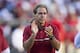 FAYETTEVILLE, AR - OCTOBER 8: Head Coach Nick Saban of the Alabama Crimson Tide watches the team warm up before a game against the Arkansas Razorbacks at Razorback Stadium on October 8, 2016 in Fayetteville, Arkansas. The Crimson Tide defeated the Razorbacks 49-30. (Photo by Wesley Hitt/Getty Images)