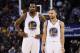 OAKLAND, CA - JANUARY 12: Stephen Curry #30 of the Golden State Warriors talks to Kevin Durant #35 during their game against the Detroit Pistons at ORACLE Arena on January 12, 2017 in Oakland, California. NOTE TO USER: User expressly acknowledges and agrees that, by downloading and or using this photograph, User is consenting to the terms and conditions of the Getty Images License Agreement. (Photo by Ezra Shaw/Getty Images)