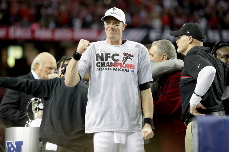 ATLANTA, GA - JANUARY 22:  Matt Ryan #2 of the Atlanta Falcons celebrates after defeating the Green Bay Packers in the NFC Championship Game at the Georgia Dome on January 22, 2017 in Atlanta, Georgia. The Falcons defeated the Packers 44-21.  (Photo by Streeter Lecka/Getty Images)