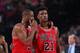 PORTLAND, OR - NOVEMBER 15: Dwyane Wade #3 and Jimmy Butler #21 of the Chicago Bulls talk during the game against the Portland Trail Blazers on November 15, 2016 at the Moda Center Arena in Portland, Oregon. NOTE TO USER: User expressly acknowledges and agrees that, by downloading and or using this photograph, user is consenting to the terms and conditions of the Getty Images License Agreement. Mandatory Copyright Notice: Copyright 2016 NBAE (Photo by Sam Forencich/NBAE via Getty Images)