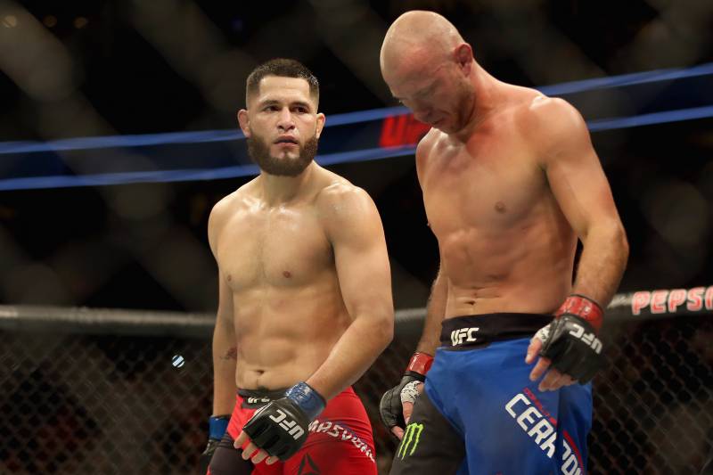 DENVER, CO - JANUARY 28: Jorge Masvidal (red trunks) defeats Donald Cerrone (blue trunks) in the Welterweight division during the UFC Fight Night at the Pepsi Center on January 28, 2017 in Denver, Colorado. (Photo by Matthew Stockman/Getty Images)