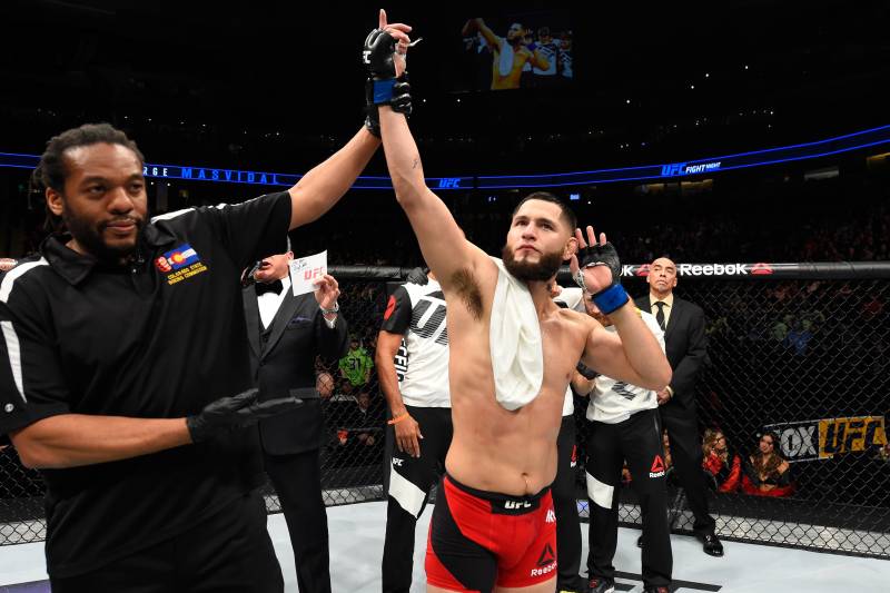DENVER, CO - JANUARY 28: Jorge Masvidal celebrates his victory over Donald Cerronein their welterweight bout during the UFC Fight Night event at the Pepsi Center on January 28, 2017 in Denver, Colorado. (Photo by Josh Hedges/Zuffa LLC/Zuffa LLC via Getty Images)