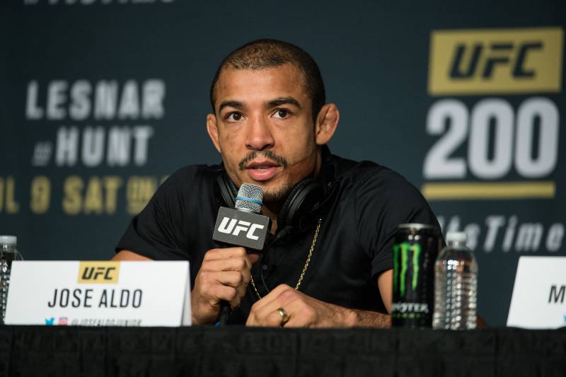 LAS VEGAS, NV - JULY 06: Jose Aldo speaks to the media during the UFC 200: Press Conference in KA Theater at MGM Grand Hotel & Casino on July 6, 2016 in Las Vegas, Nevada. (Photo by Brandon Magnus/Zuffa LLC/Zuffa LLC via Getty Images)