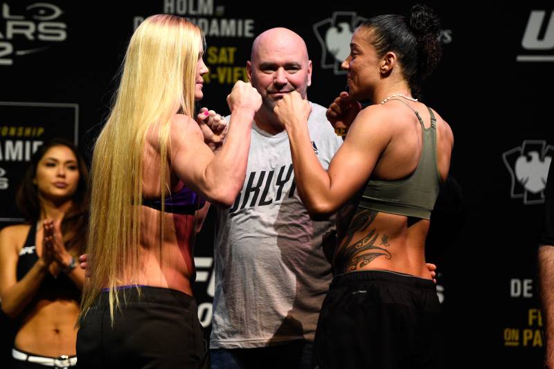 BROOKLYN, NEW YORK - FEBRUARY 10: (L-R) Holly Holm and Germaine de Randamie of The Netherlands face off during the UFC 208 weigh-in inside Kings Theater on February 10, 2017 in Brooklyn, New York. (Photo by Jeff Bottari/Zuffa LLC/Zuffa LLC via Getty Images)