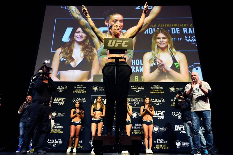 BROOKLYN, NEW YORK - FEBRUARY 10: Germaine de Randamie of The Netherlands poses on the scale during the UFC 208 weigh-in inside Kings Theater on February 10, 2017 in Brooklyn, New York. (Photo by Mike Roach/Zuffa LLC/Zuffa LLC via Getty Images)
