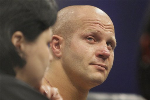 Fedor Emelianenko after fighting Fabricio Werdum in a Strikeforce/M-1 Global mixed martial arts match in San Jose, Calif., Saturday, June 26, 2010. Werdum won by submission in the first round. (AP Photo/Jeff Chiu)