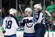 DALLAS, TX - FEBRUARY 02: Nikolaj Ehlers #27 of the Winnipeg Jets celebrates with Patrik Laine #29 of the Winnipeg Jets and Bryan Little #18 of the Winnipeg Jets after scoring a goal against Kari Lehtonen #32 of the Dallas Stars in the second period at American Airlines Center on February 2, 2017 in Dallas, Texas. (Photo by Tom Pennington/Getty Images)