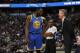 Golden State Warriors forward Draymond Green (23) and Golden State Warriors head coach Steve Kerr in the first half of an NBA basketball game Monday, Feb. 13, 201, in Denver. (AP Photo/David Zalubowski)