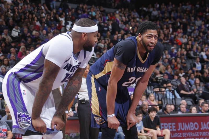 SACRAMENTO, CA - FEBRUARY 12: DeMarcus Cousins #15 of the Sacramento Kings faces off against Anthony Davis #23 of the New Orleans Pelicans on February 12, 2017 at Golden 1 Center in Sacramento, California. NOTE TO USER: User expressly acknowledges and agrees that, by downloading and or using this photograph, User is consenting to the terms and conditions of the Getty Images Agreement. Mandatory Copyright Notice: Copyright 2017 NBAE (Photo by Rocky Widner/NBAE via Getty Images)