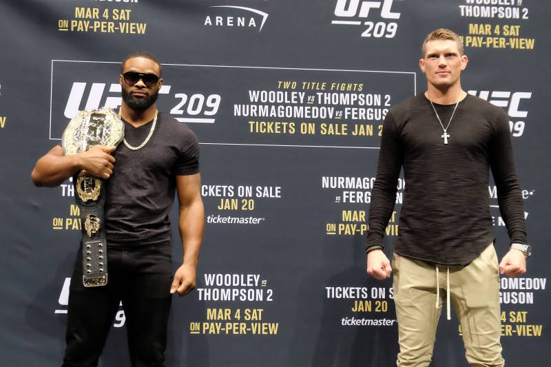 LAS VEGAS, NV - JANUARY 19: (L-R) UFC Welterweight Champion Tyron Woodley and No. 1 UFC welterweight contender Stephen Thompson pose for the media during the UFC 209 Ultimate Media Day event inside The Park Theater on January 19, 2017 in Las Vegas, Nevada. (Photo by Juan Cardenas/Zuffa LLC/Zuffa LLC via Getty Images)