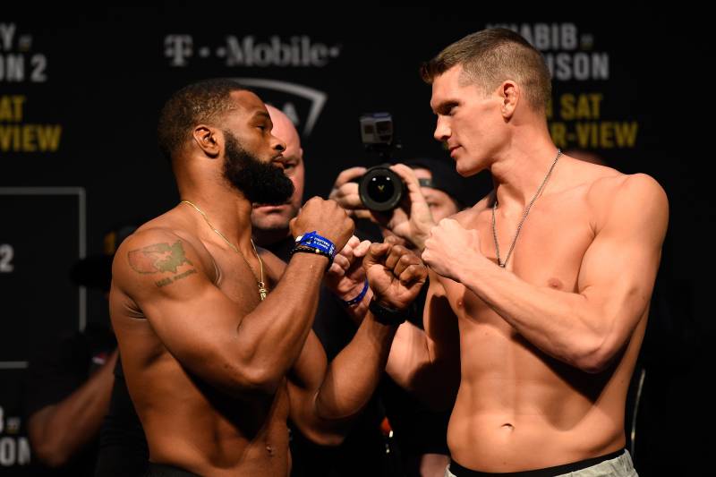 LAS VEGAS, NV - MARCH 03: (L-R) UFC welterweight champion Tyron Woodley and Stephen Thompson face off during the UFC 209 weigh-in at T-Mobile arena on March 3, 2017 in Las Vegas, Nevada. (Photo by Josh Hedges/Zuffa LLC/Zuffa LLC via Getty Images)