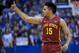 LAWRENCE, KS - FEBRUARY 04: Nazareth Mitrou-Long #15 of the Iowa State Cyclones cheers his team on against the Kansas Jayhawks early in the first half on February 4, 2017 at Allen Field House in Lawrence, Kansas. (Photo by Reed Hoffmann/Getty Images)