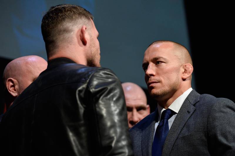 LAS VEGAS, NV - MARCH 03: (R-L) Georges St-Pierre and UFC middleweight champion Michael Bisping the UFC press conference at T-Mobile arena on March 3, 2017 in Las Vegas, Nevada. (Photo by Brandon Magnus/Zuffa LLC/Zuffa LLC via Getty Images)