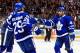 TORONTO, CANADA - MARCH 07: Nazim Kadri #43 of the Toronto Maple Leafs celebrates a goal with Auston Matthews #34 and William Nylander #29 during an NHL game against the Detroit Red Wings at Air Canada Centre on March 7, 2017 in Toronto, Canada. (Photo by Vaughn Ridley/Getty Images)