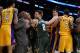 LOS ANGELES, CA - MARCH 17: Matthew Dellavedova #8 of the Milwaukee Bucks is part of a scuffle that also involves Brandon Ingram #14, Ivica Zubac #40 and Larry Nance Jr. #7 of the Los Angeles Lakers on March 17, 2017 at STAPLES Center in Los Angeles, California. NOTE TO USER: User expressly acknowledges and agrees that, by downloading and or using this photograph, User is consenting to the terms and conditions of the Getty Images License Agreement. (Photo by Robert Laberge/Getty Images)