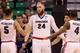 SALT LAKE CITY, UT - MARCH 16: Przemek Karnowski #24 of the Gonzaga Bulldogs celebrates with Nigel Williams-Goss #5 and Jordan Mathews #4 after a play in the second half against the South Dakota State Jackrabbits during the first round of the 2017 NCAA Men's Basketball Tournament at Vivint Smart Home Arena on March 16, 2017 in Salt Lake City, Utah. (Photo by Christian Petersen/Getty Images)