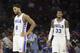 PHILADELPHIA, PA - NOVEMBER 7: Jahlil Okafor #8 and Robert Covington #33 of the Philadelphia 76ers walk off the court after a timeout in the game against the Utah Jazz at Wells Fargo Center on November 7, 2016 in Philadelphia, Pennsylvania. The Jazz defeated the 76ers 109-84. NOTE TO USER: User expressly acknowledges and agrees that, by downloading and or using this photograph, User is consenting to the terms and conditions of the Getty Images License Agreement. (Photo by Mitchell Leff/Getty Images)