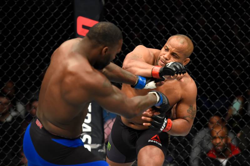 BUFFALO, NY - APRIL 08: Anthony Johnson (L) mixes it up with Daniel Cormier (R) in their UFC light heavyweight championship bout during the UFC 210 event at KeyBank Center on April 8, 2017 in Buffalo, New York. (Photo by Josh Hedges/Zuffa LLC/Zuffa LLC via Getty Images)