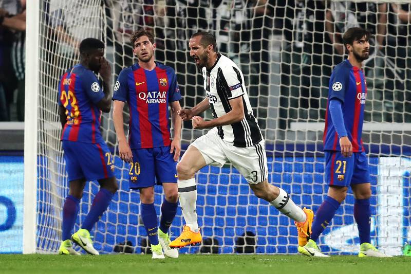 TURIN, ITALY - APRIL 11: Giorgio Chiellini of Juventus celebrates scoring his side's third goal during the UEFA Champions League Quarter Final first leg match between Juventus and FC Barcelona at Juventus Stadium on April 11, 2017 in Turin, Italy. (Photo by Chris Brunskill Ltd/Getty Images)