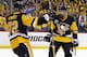 Pittsburgh Penguins' Nick Bonino (13) celebrates his goal with Patric Hornqvist (72) during the second period in Game one of a first-round NHL hockey playoff series against the Columbus Blue Jackets in Pittsburgh, Wednesday, April 12, 2017. (AP Photo/Gene J. Puskar)