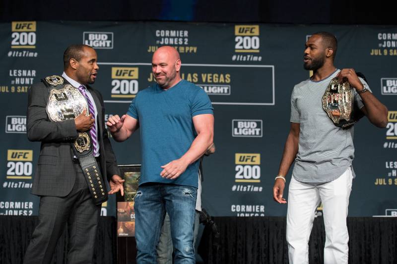 LAS VEGAS, NV - JULY 06: (L-R) UFC lightweight champion Daniel Cormier and Jon Jones face off during the UFC 200: Press Conference in KA Theater at MGM Grand Hotel & Casino on July 6, 2016 in Las Vegas, Nevada. (Photo by Brandon Magnus/Zuffa LLC/Zuffa LLC via Getty Images)