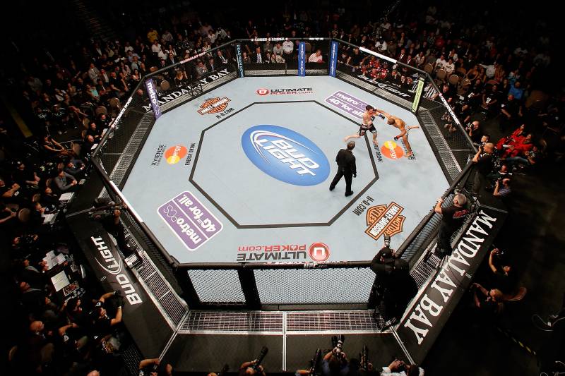LAS VEGAS, NV - FEBRUARY 02: An overhead view of the Octagon as Jose Aldo (R) jumps off the cage to throw a flying punch at Frankie Edgar during their featherweight title fight at UFC 156 on February 2, 2013 at the Mandalay Bay Events Center in Las Vegas, Nevada. (Photo by Josh Hedges/Zuffa LLC/Zuffa LLC via Getty Images)