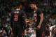 BOSTON, MA - APRIL 18: Jimmy Butler #21 of the Chicago Bulls talks with Dwyane Wade #3 during the third quarter of Game Two of the Eastern Conference Quarterfinals against the Boston Celtics at TD Garden on April 18, 2017 in Boston, Massachusetts. NOTE TO USER: User expressly acknowledges and agrees that, by downloading and or using this Photograph, user is consenting to the terms and conditions of the Getty Images License Agreement. (Photo by Maddie Meyer/Getty Images)