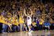 OAKLAND, CA - APRIL 19: Klay Thompson #11 of the Golden State Warriors reacts after making a three-point basket during their game against the Portland Trail Blazers in Game Two of the Western Conference Quarterfinals during the 2017 NBA Playoffs at ORACLE Arena on April 19, 2017 in Oakland, California. NOTE TO USER: User expressly acknowledges and agrees that, by downloading and or using this photograph, User is consenting to the terms and conditions of the Getty Images License Agreement. (Photo by Ezra Shaw/Getty Images)