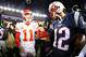 FOXBORO, MA - JANUARY 16: Alex Smith #11 of the Kansas City Chiefs and Tom Brady #12 of the New England Patriots speak after the AFC Divisional Playoff Game at Gillette Stadium on January 16, 2016 in Foxboro, Massachusetts. The Patriots defeated the Chiefs 27-20. (Photo by Maddie Meyer/Getty Images)