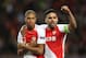 Monaco's French forward Kylian Mbappe Lottin (L) and Monaco's Colombian forward Radamel Falcao celebrate after Mbappe opened the scoring during the UEFA Champions League 2nd leg quarter-final football match AS Monaco v BVB Borussia Dortmund on April 19, 2017 at the Louis II stadium in Monaco. / AFP PHOTO / Valery HACHE (Photo credit should read VALERY HACHE/AFP/Getty Images)