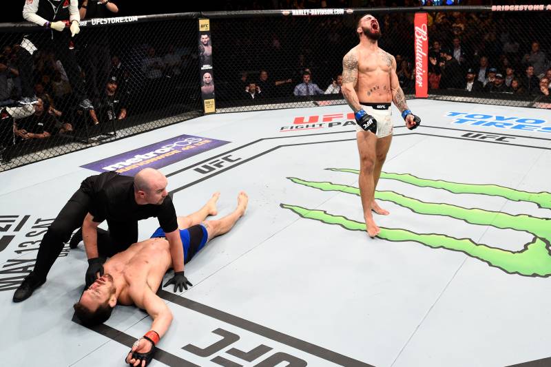 NASHVILLE, TN - APRIL 22: Mike Perry celebrates after his knockout victory over Jake Ellenberger in their welterweight bout during the UFC Fight Night event at Bridgestone Arena on April 22, 2017 in Nashville, Tennessee. (Photo by Jeff Bottari/Zuffa LLC/Zuffa LLC via Getty Images)