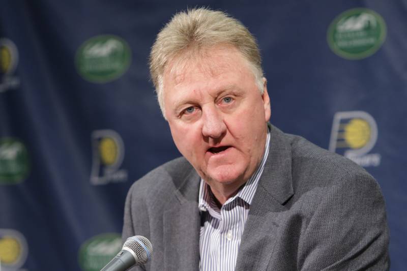 INDIANAPOLIS - MAY 16:  President Larry Bird introduces Nate McMillan as the new head coach of the Indiana Pacers at Bankers Life Fieldhouse on May 16, 2016 in Indianapolis, Indiana.  NOTE TO USER: User expressly acknowledges and agrees that, by downloading and or using this Photograph, user is consenting to the terms and condition of the Getty Images License Agreement. Mandatory Copyright Notice: 2016 NBAE  (Photo by Ron Hoskins/NBAE via Getty Images)