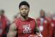 Running back Joe Mixon runs a drill at Oklahoma's Pro Day, Wednesday, March 8, 2017, in Norman, Okla. The event is to showcase players for the upcoming NFL football draft. (AP Photo/Alonzo Adams)