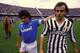 Diego Maradona salutes a (decidedly more trim) Michel Platini after a Serie A match in the 1986-87 season.