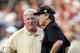 South Carolina coach Steve Spurrier (right) and UCF coach George O'Leary chat prior to the 2005 game.