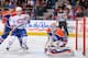 Montreal Canadiens forward Daniel Briere in front of Edmonton Oilers goalie Devan Dubnyk.