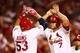 Adams and Holliday celebrating during Game 5 of the NLDS
