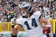 GREEN BAY, WI - NOVEMBER 10: Riley Cooper #14 of the Philadelphia Eagles celebrates a fourth quarter touchdown while playing the Green Bay Packers at Lambeau Field on November 10, 2013 in Green Bay, Wisconsin. Philadelphia won the game 27-13. (Photo by Gr
