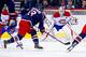 Columbus Blue Jackets forward Cam Atkinson takes a shot on Montreal Canadiens goalie Peter Budaj.