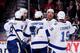 Tampa Bay Lightning forward Ryan Malone celebrates a goal against the Montreal Canadiens.