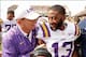 Les Miles celebrates with defensive back Dwayne Thomas after the Tigers' victory in College Station.